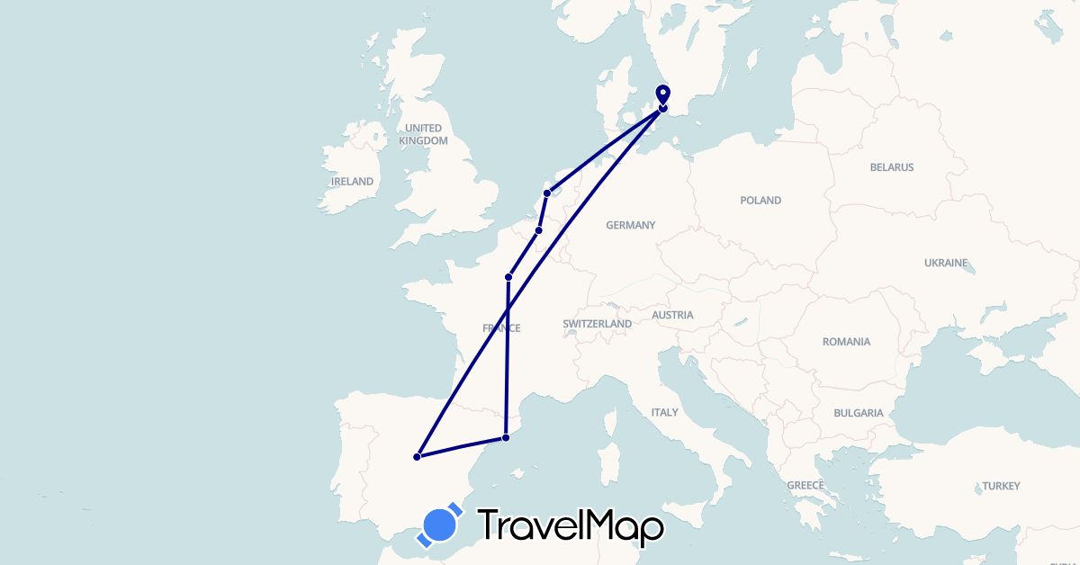 TravelMap itinerary: driving in Belgium, Denmark, Spain, France, Netherlands (Europe)