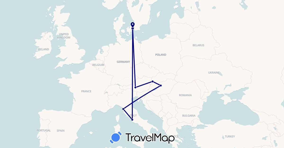 TravelMap itinerary: driving in Austria, Denmark, Hungary, Italy, Slovakia (Europe)