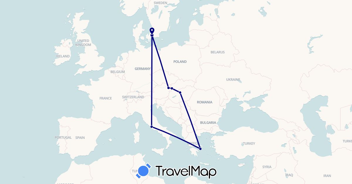 TravelMap itinerary: driving in Austria, Denmark, Greece, Hungary, Italy, Slovakia (Europe)